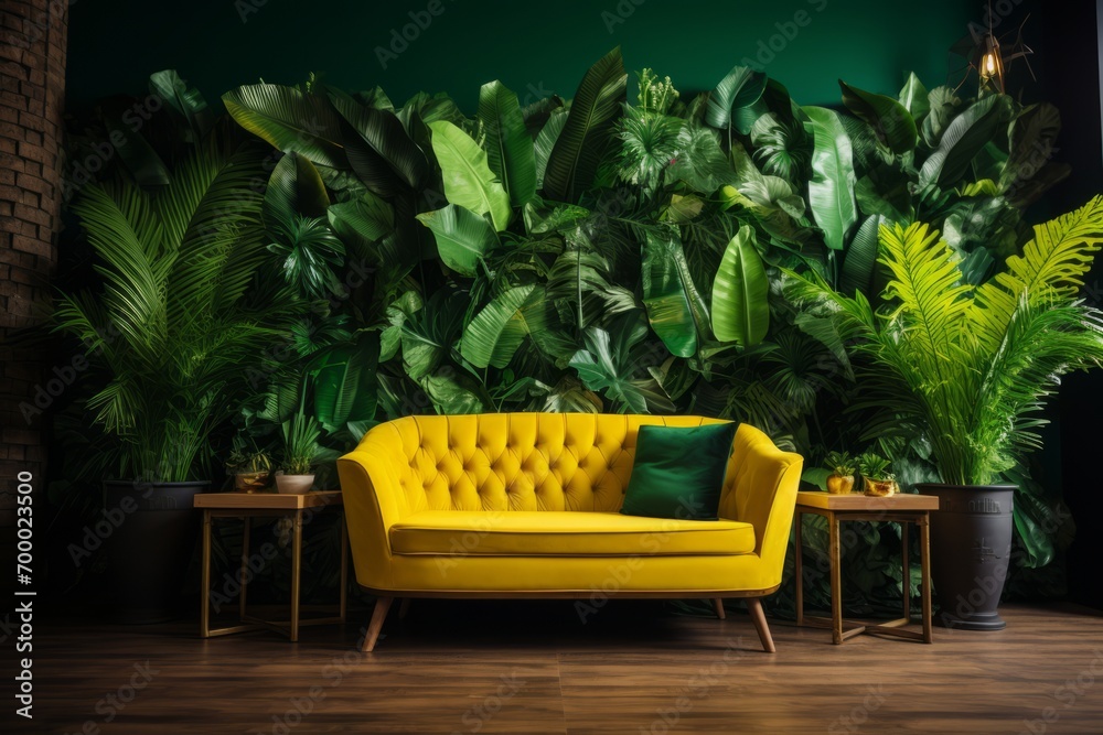 Vibrant green banana leaf wall providing a natural backdrop in a tropical setting , Generative AI