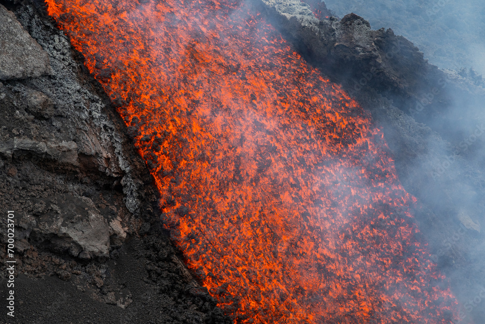Eruptive vent with lava emis at the top of the Etna volcano
