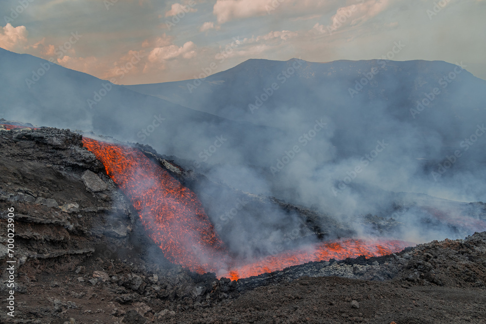 Eruptive vent with lava emis at the top of the Etna volcano