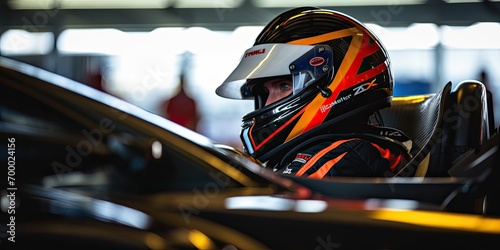 Side view photograph of a racecar driver wearing his helmet sitting inside his gran turismo gorgeous hypercar at the racetrack,  © kimly