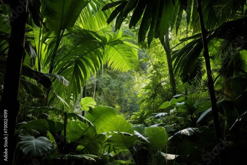 Dense jungle foliage creating a vibrant green canopy in a tropical rainforest, Generative AI