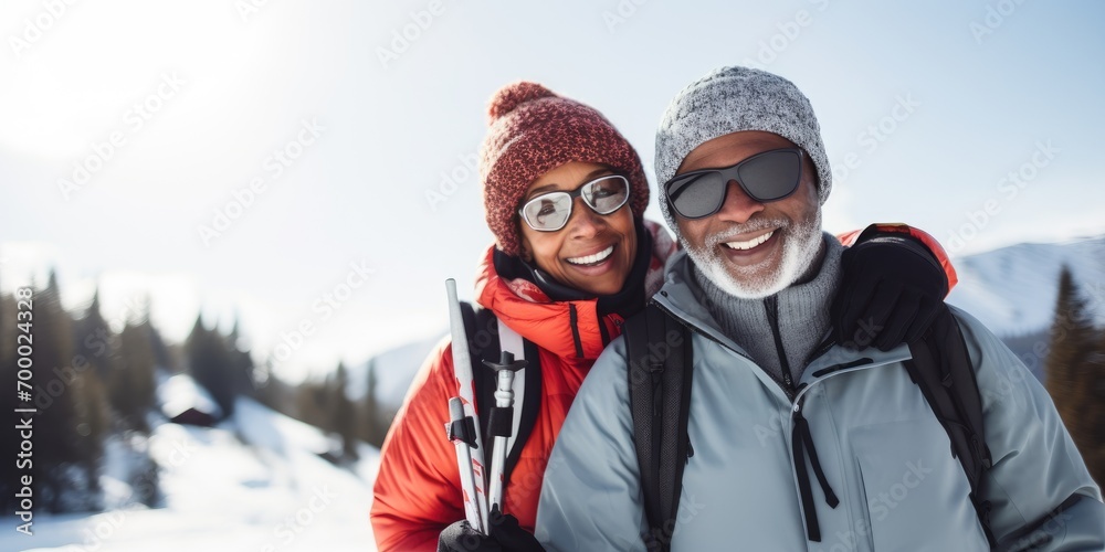 Happy black elderly man skiing with european girlfriend copy space 