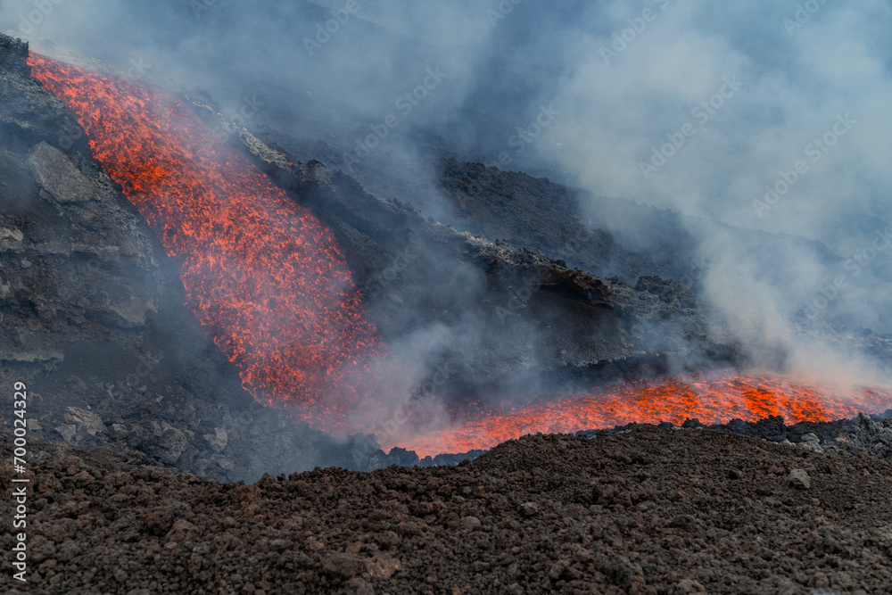 Eruptive vent with lava emis at the top of the Etna volcano