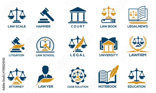 Law Firm Icon Set vector. Law, Lawyer, Attorney, Legal service court house icon design.