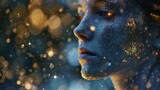 Portrait of a young woman with elements of glowing particles and stars. Sparkling glitters on a face. Magic portrait