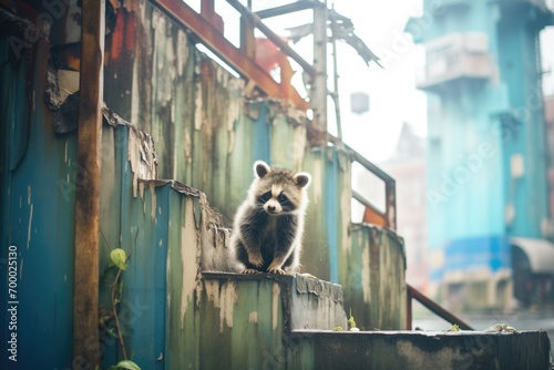 raccoon on a city stairway