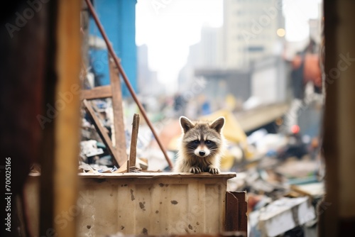 raccoon looking out from behind city debris