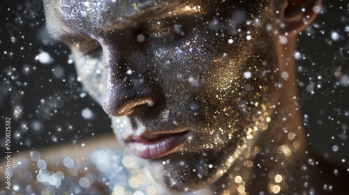 Portrait of a young man with elements of glowing particles and stars. Sparkling glitters on a face. Magic portrait