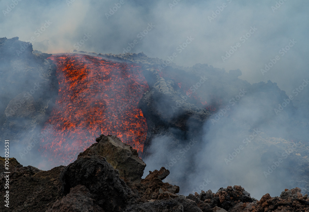Eruptive vent with lava emis at the top of the Etna volcano