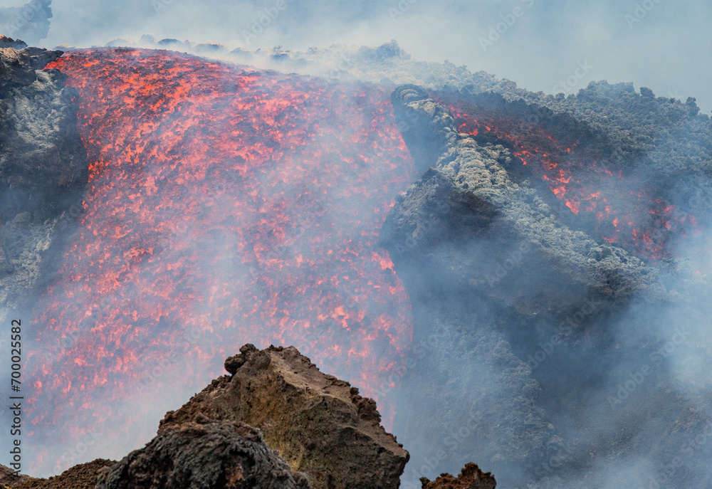 Eruptive vent with lava emis at the top of the Etna volcano