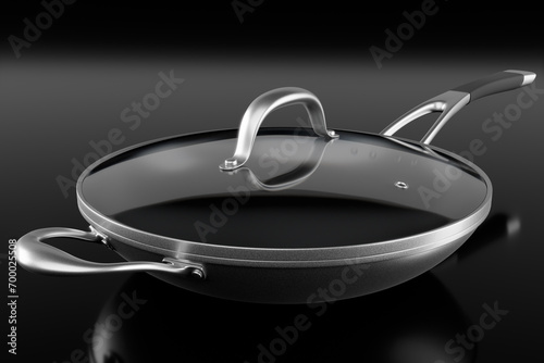 Stainless steel frying pan with glass lid and chrome cookware on black