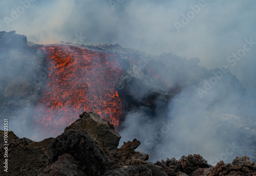 Eruptive vent with lava emis at the top of the Etna volcano