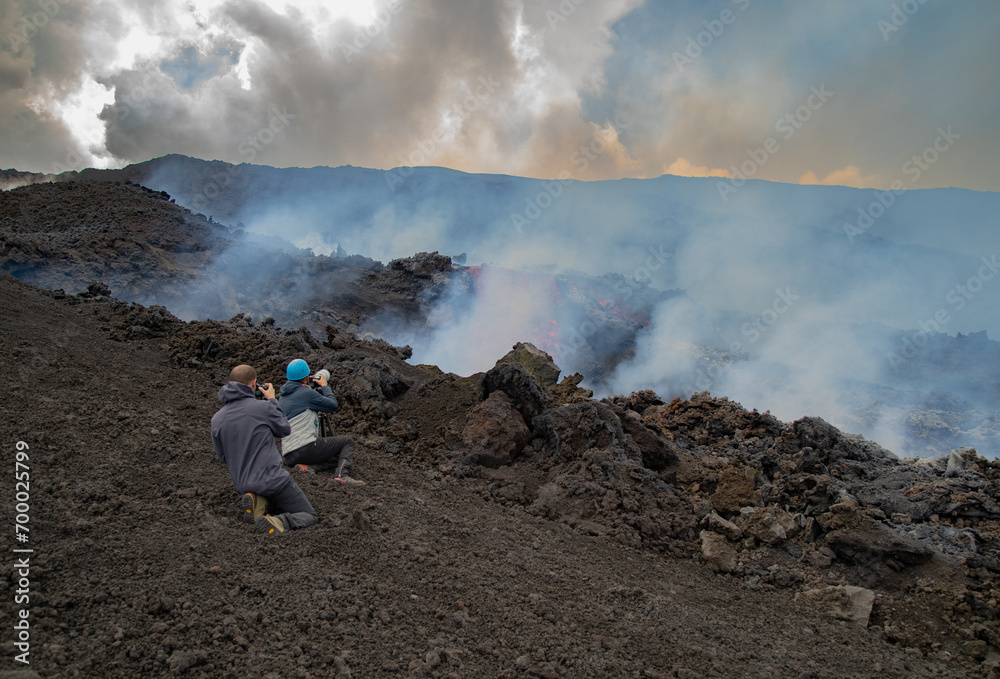 Eruptive vent with lava emis at the top of the Etna volcano