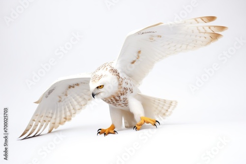 a snowy owl touching down, talons extended, on soft snow