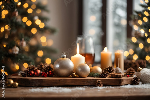 Christmas decoration with burning candle and christmas tree on white wooden background