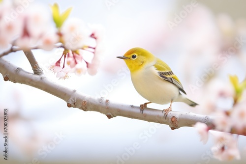warbler perched on cherry blossom branch