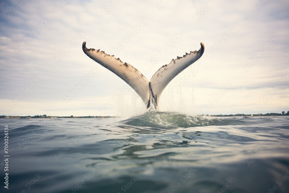whale tail flip above waves - obrazy, fototapety, plakaty 