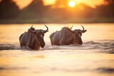 wildebeests silhouetted against setting sun on river