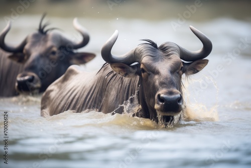 close-up of wildebeests splashing through water