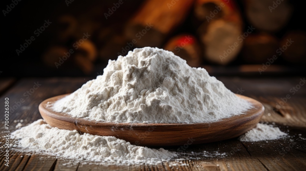 Whole grain flour in a wooden plate Whole grain flour in a wooden plate