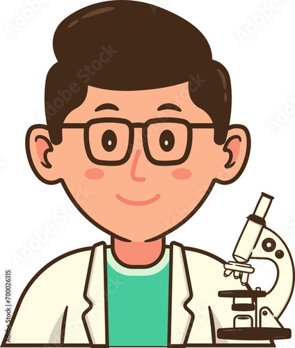Clip Art Smiling Male Scientist Character with Microscope in Laboratory Science, International STEM Day