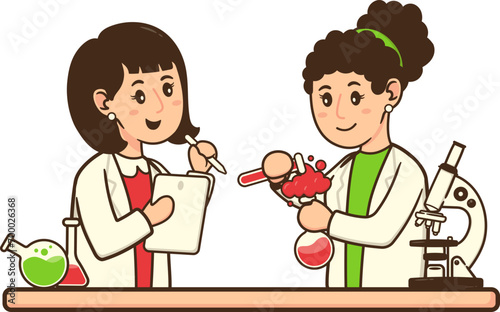 Clip Art Experiment of Female Scientist Holding Flask and Checklist for Laboratory Science