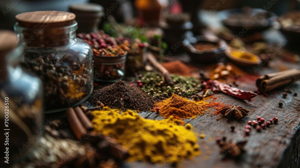 A lot of spices are scattered on the table A lot of spices are scattered on the table