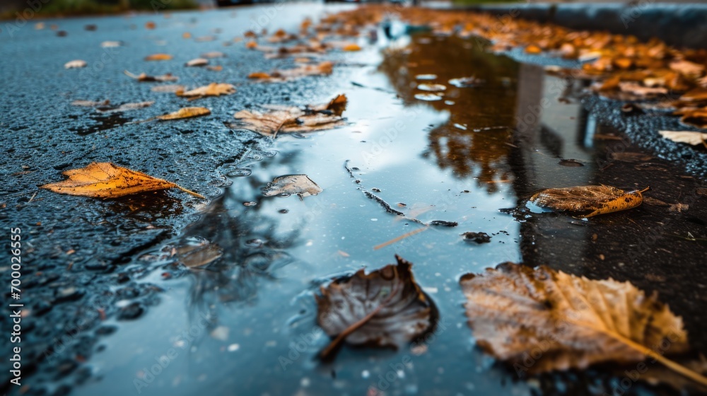 Puddle on the asphalt at sunset Puddle on the asphalt at sunset