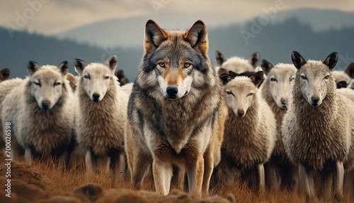 Wolf standing amidst a herd of sheep