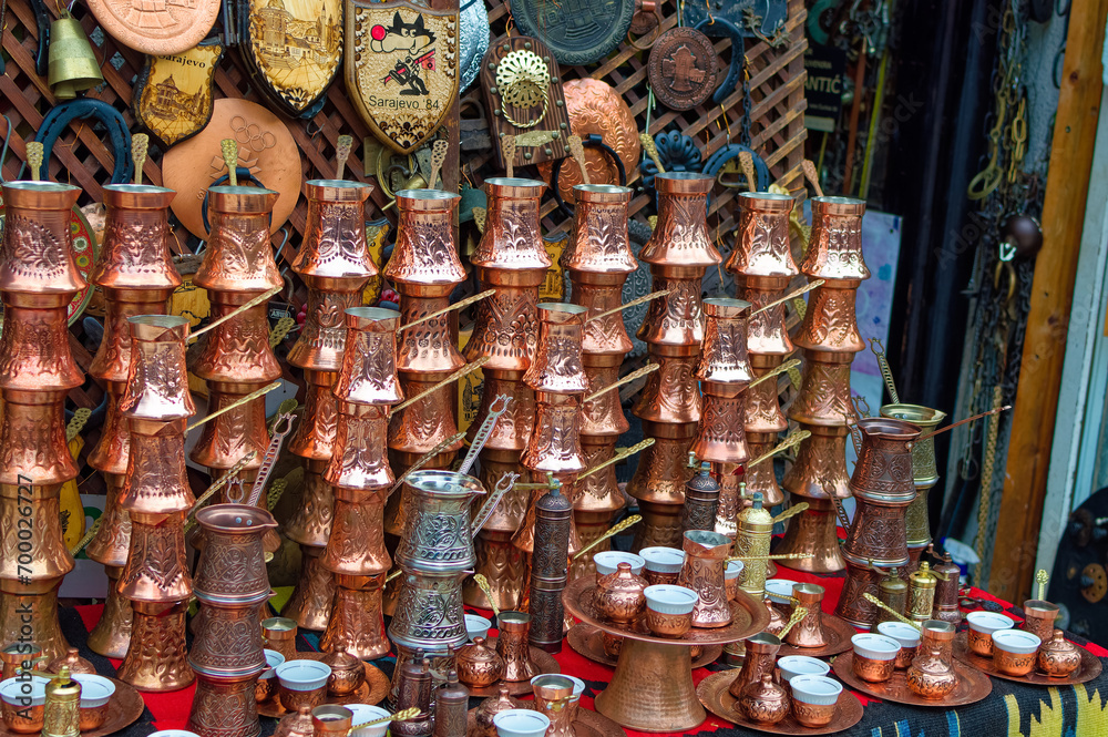 Handmade products exposed for sale at old part of Sarajevo, Bascarsija.