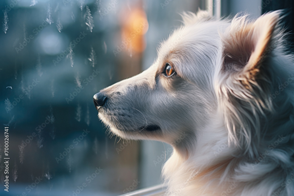 Fototapeta premium dog looks out the window with snowflakes in winter