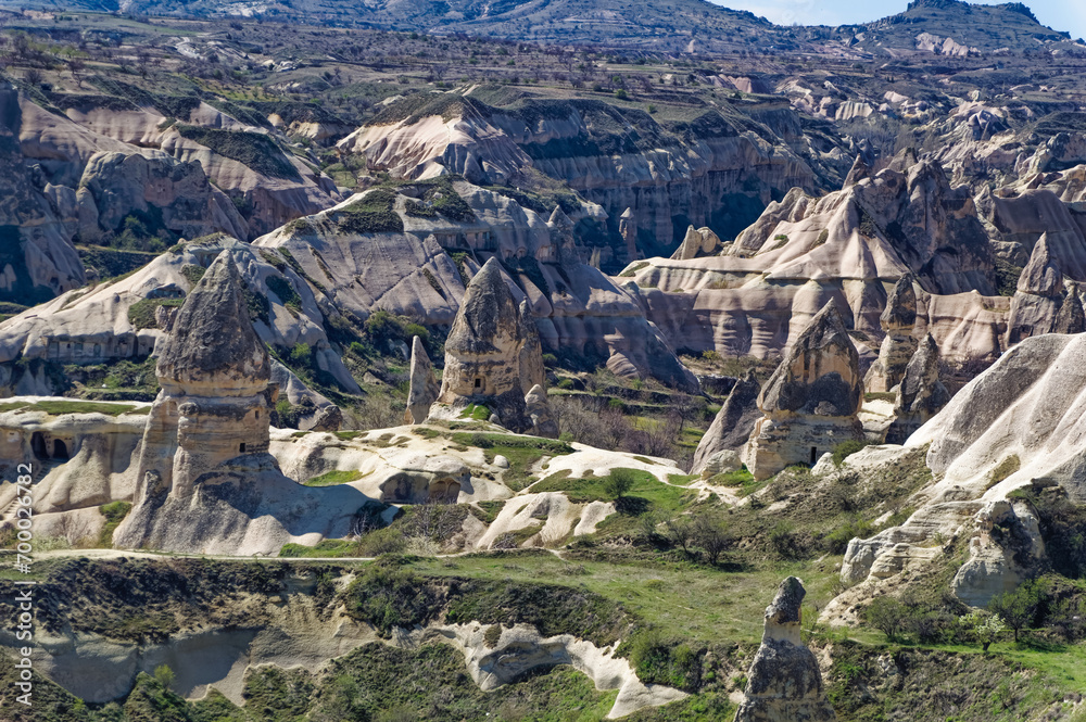 Aerial view over natural landscape in Cappadocia, Turkey.