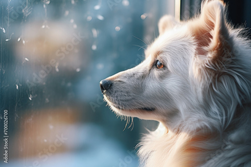 dog looks out the window with snowflakes in winter © SERGEY