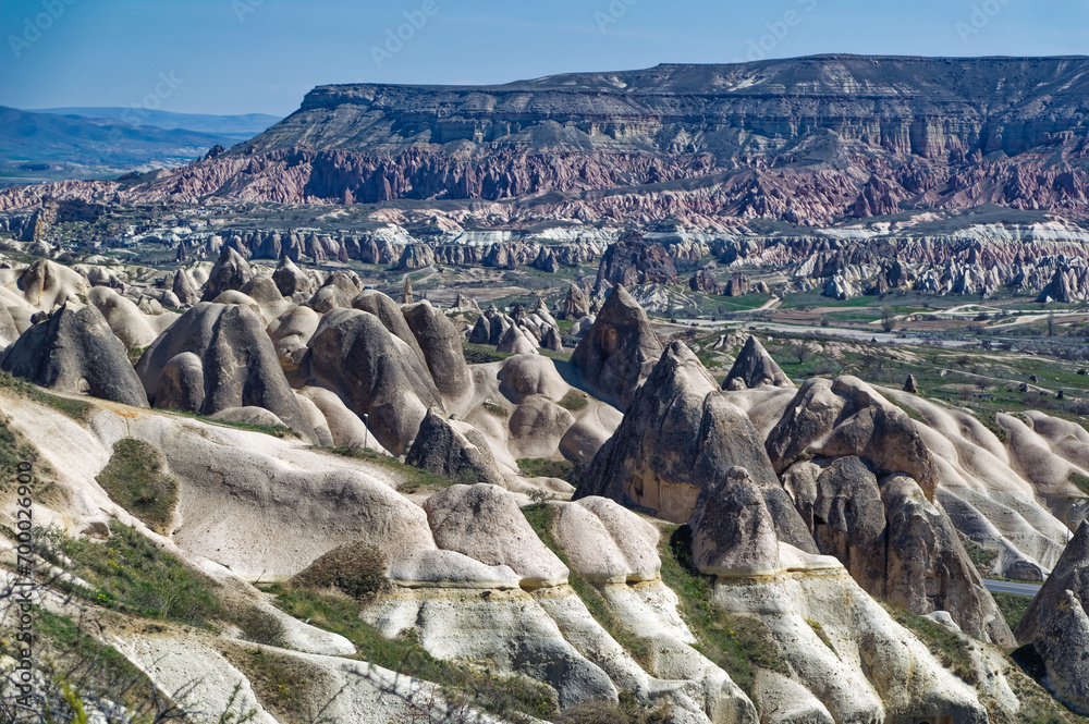 Aerial view over natural landscape in Cappadocia, Turkey.