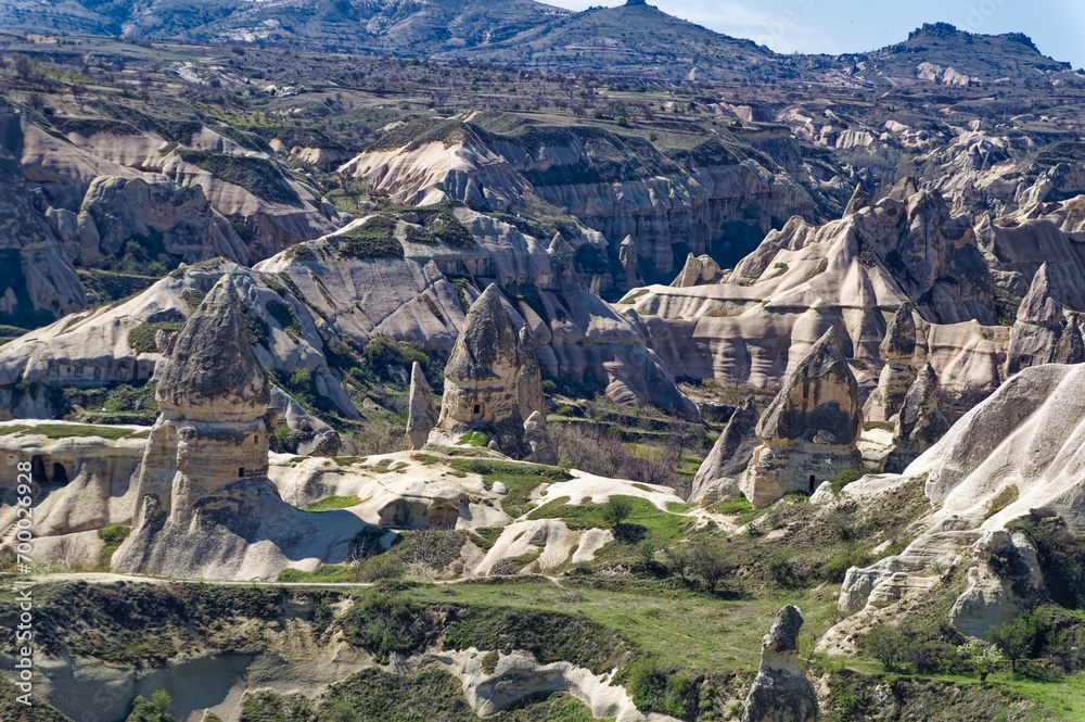 Aerial view over natural landscape in Cappadocia, Turkey.