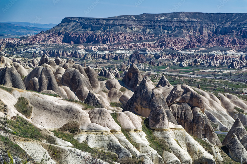 Aerial view over natural landscape in Cappadocia, Turkey.
