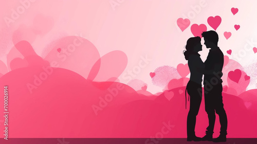 copy space, simple vector illustration, silhouette of a man and woman hugging, valentine's poster, red and pink tones. Beautiful background or for valentine’s day. Beautiful background. Valentine’s ca