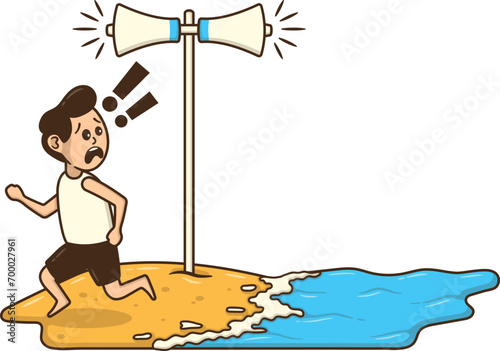 Tsunami Spot Warning Illustration, Man Character's Panic Expression