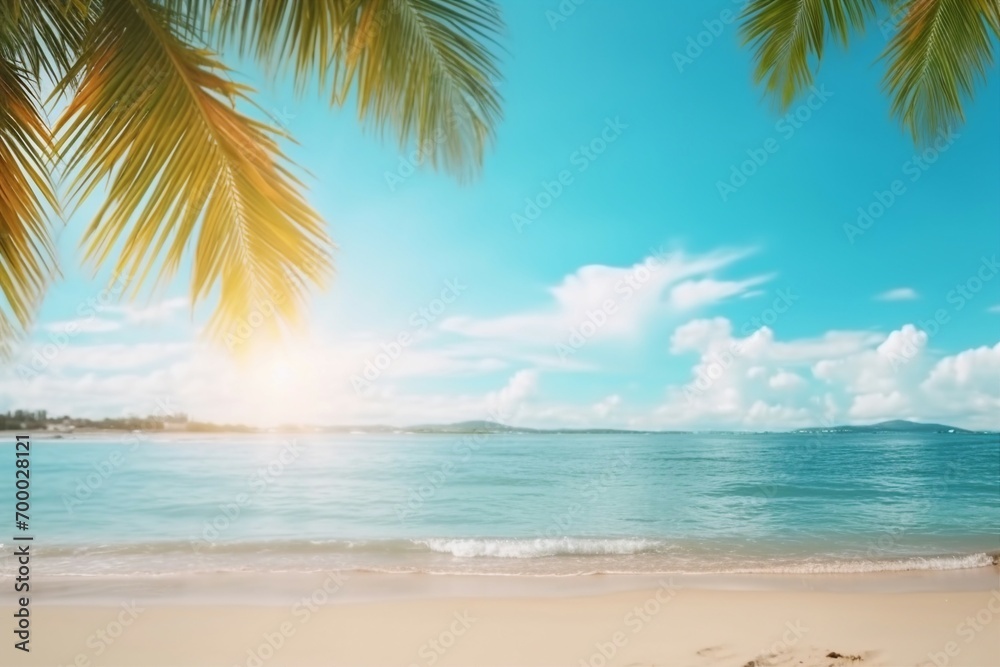 Palm tree on tropical beach with blue sky and white clouds abstract background. Copy space of summer vacation and business travel concept. Vintage tone filter effect color style. generative ai.