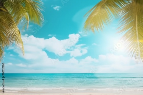 Palm tree on tropical beach with blue sky and white clouds abstract background. Copy space of summer vacation and business travel concept. Vintage tone filter effect color style. generative ai. © SEUNGJIN