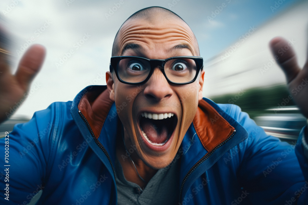 close-up portrait of a surprised man with glasses