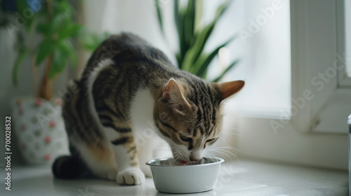 Cute little kitten eating from pet bowl on wooden floor in the minimal kitchen interior, copy space. Food for domestic cats, dry pet foods.