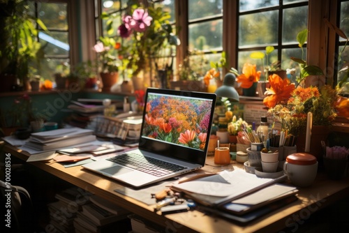 Freelancer in a home office adorned with plants, fostering a serene and joyful work environment, Generative AI