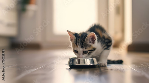 Cute little grey kitten eating from pet bowl on floor in the minimal kitchen interior, copy space. Food for domestic cats, dry pet foods. photo