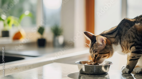 Cute little kitten eating from pet bowl on floor in the minimal kitchen interior, copy space. Food for domestic cats, dry pet foods.