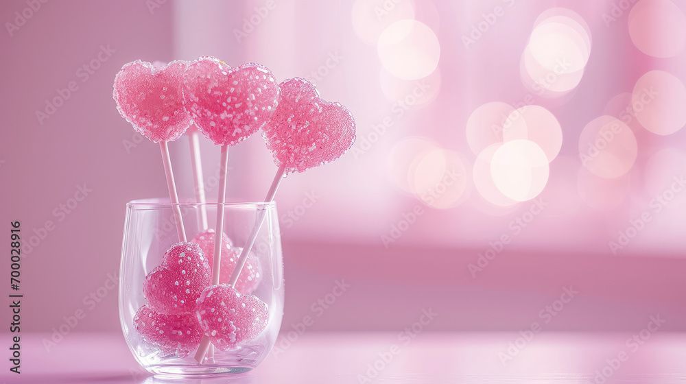 Valentine's day banner template with copy space. Closeup Sweet candies on a stick in the shape of a heart in a glass vase on a pink background. Valentine's day banner template with copy space. Closeup Sweet candies on a stick in the shape of a heart in a glass vase on a pink background.