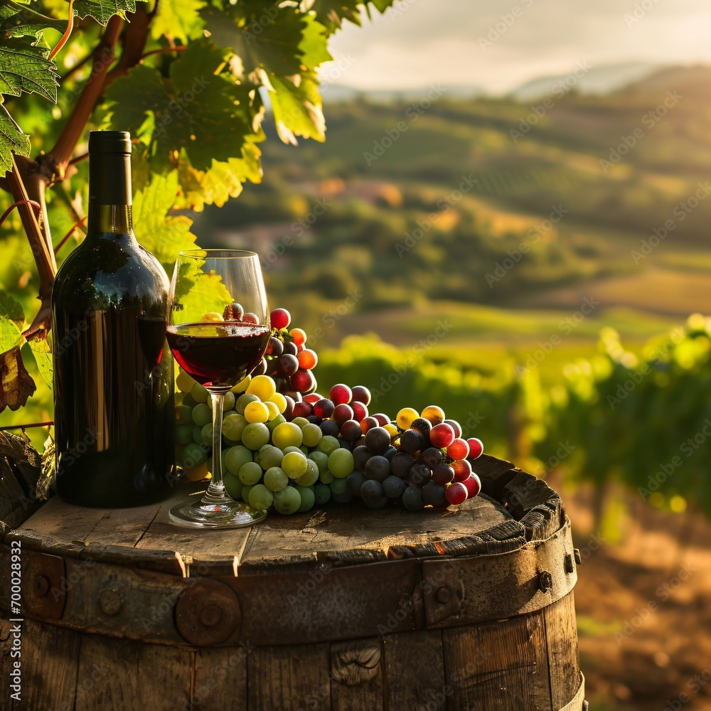 Fototapeta premium a dreamy winery in tuscany, wonderful tasty italian wine, glass and wine bottle