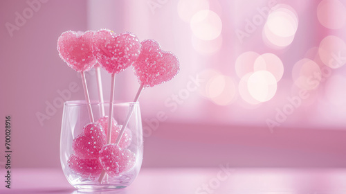 Valentine s day banner template with copy space. Closeup Sweet candies on a stick in the shape of a heart in a glass vase on a pink background.