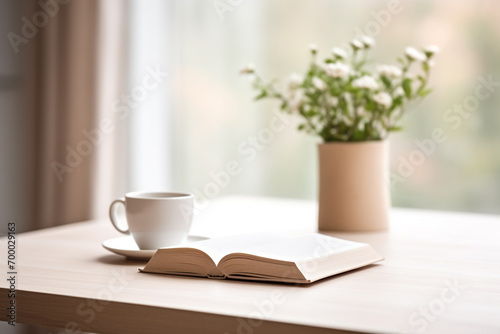Hobbies and leisure concept. Still life background composition of plant, book, cup of tea or coffee places on table in front of the window. Natural sunlight illuminating composition on desk © Rytis