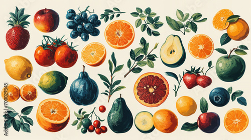 Assorted Fresh Fruits and Citrus Collection Illustration. Retro style illustration. Orange  blood orange  cherries  lemon  strawberry  grapes  Apples
